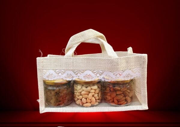 Little Nutts Decorative Jute Bag Gift – 3 Jar Premium Cashews , Almonds & Golden Raisins