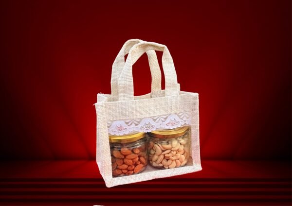 Little Nutts Decorative Jute Bag Gift – 2 Jar Premium Cashews & Almonds